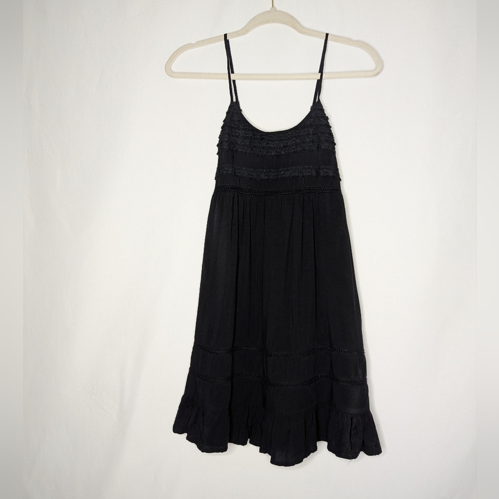 Avec Women's Black Goth Witchy Crochet Front Ruffle Tiered Tank Dress S